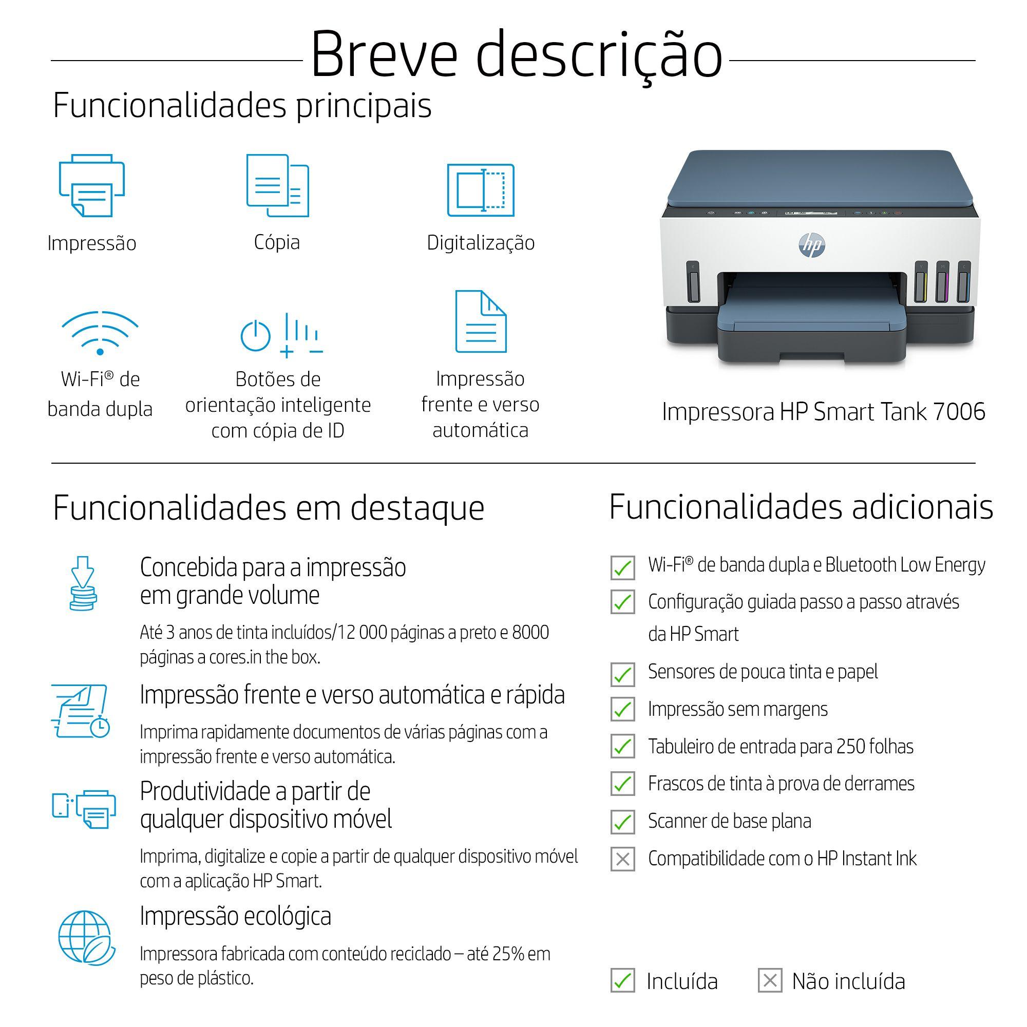 Impressora Multifunções HP Smart Tank 7006 (A4 - Impressão a cores - 250 folhas - Azul e Branco), miniatura 4