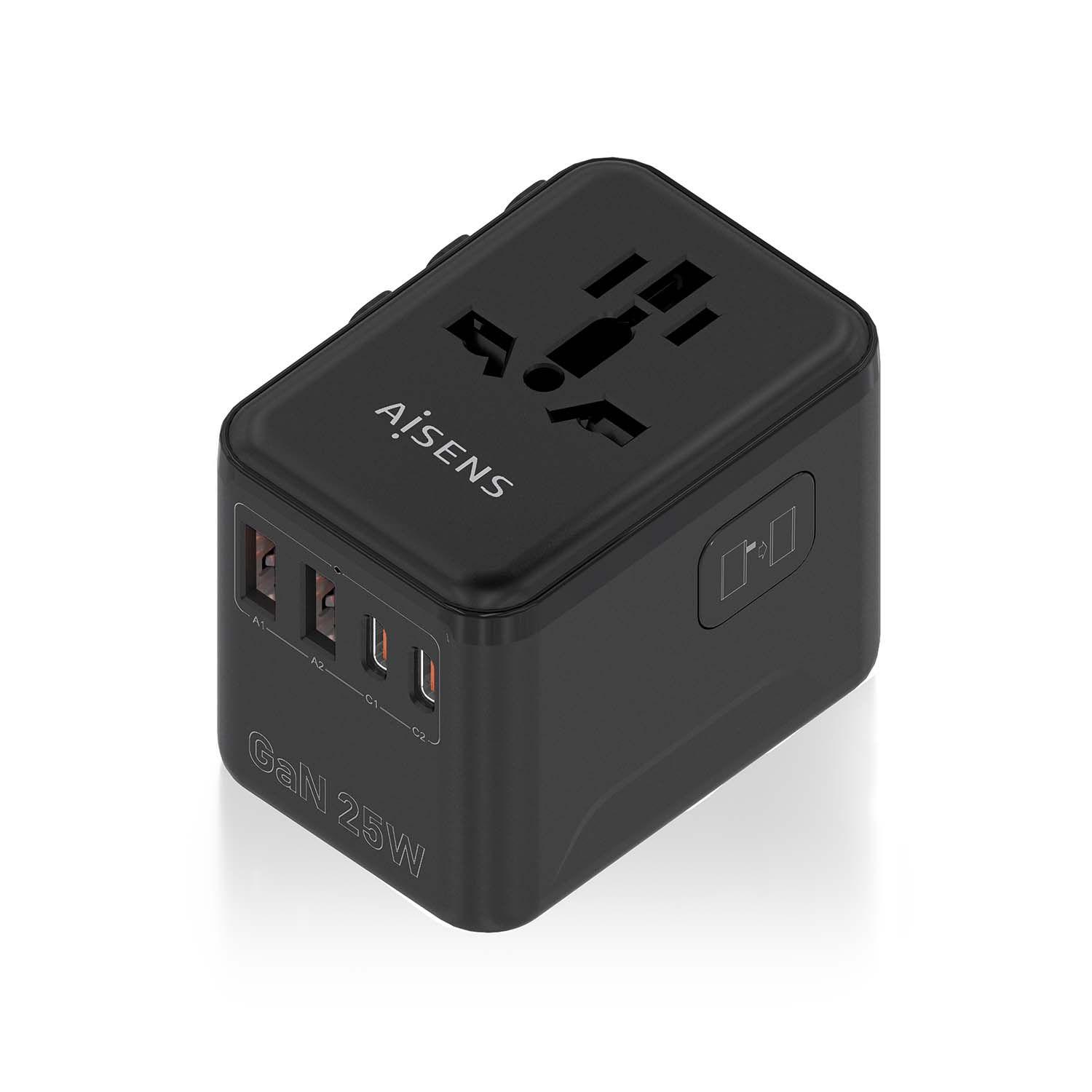 Adaptador de Viagem Universal AISENS ASPS-2A2C08-BK (2500 W - 25 W - Preto)