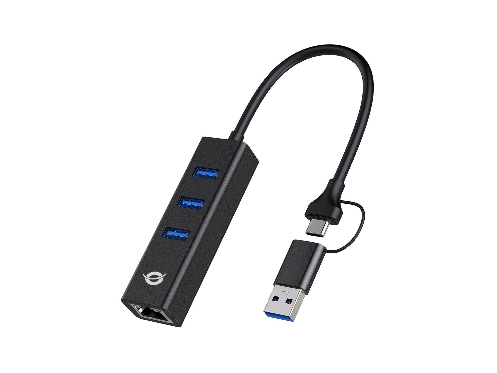 Hub USB CONCEPTRONIC DONN07BA (3x USB 3.0 - Gigabit Ethernet - Preto)