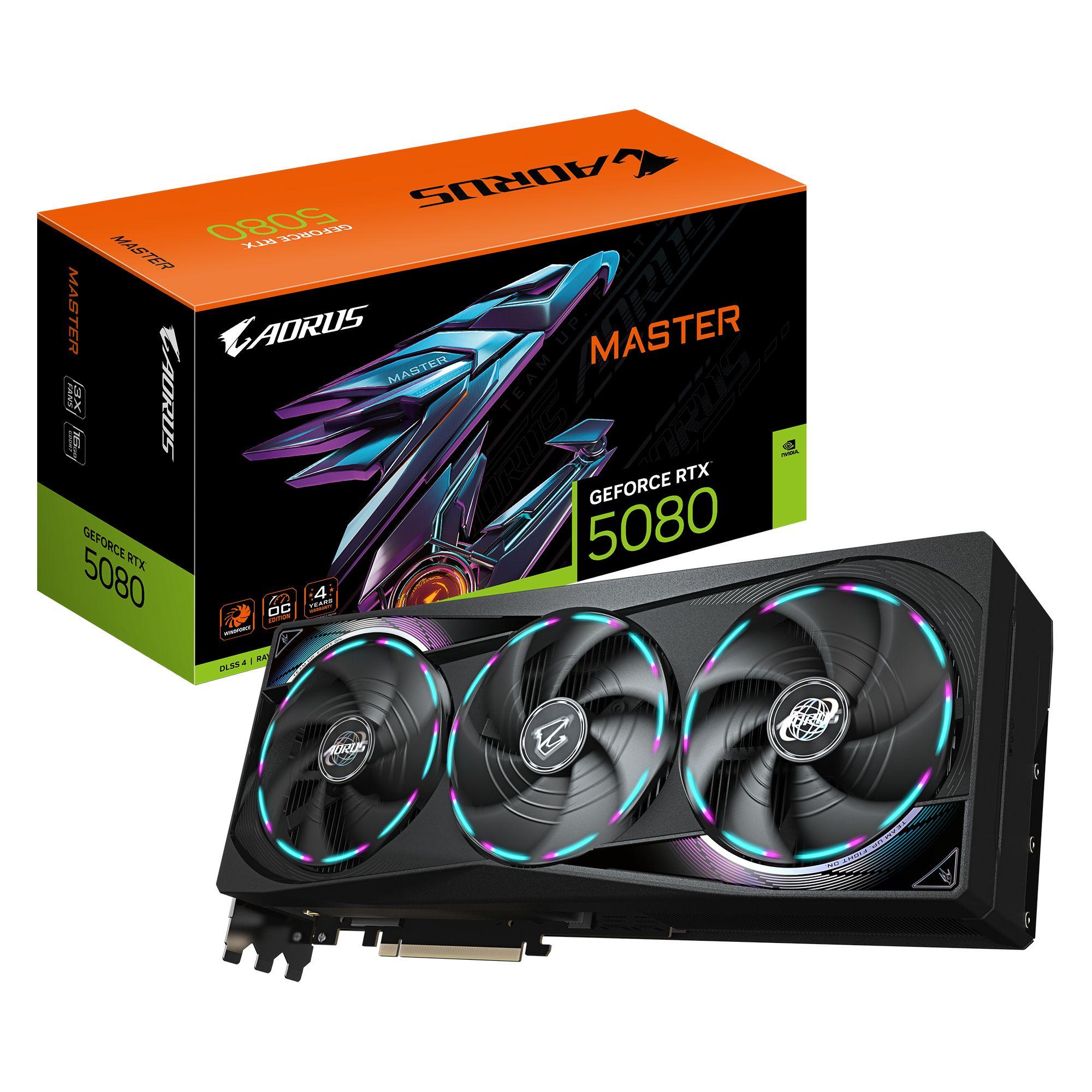 Placa Gráfica GIGABYTE AORUS GeForce RTX 5080 MASTER 16G (GeForce RTX 5080 - 16 GB - 256 bits - Preto)
