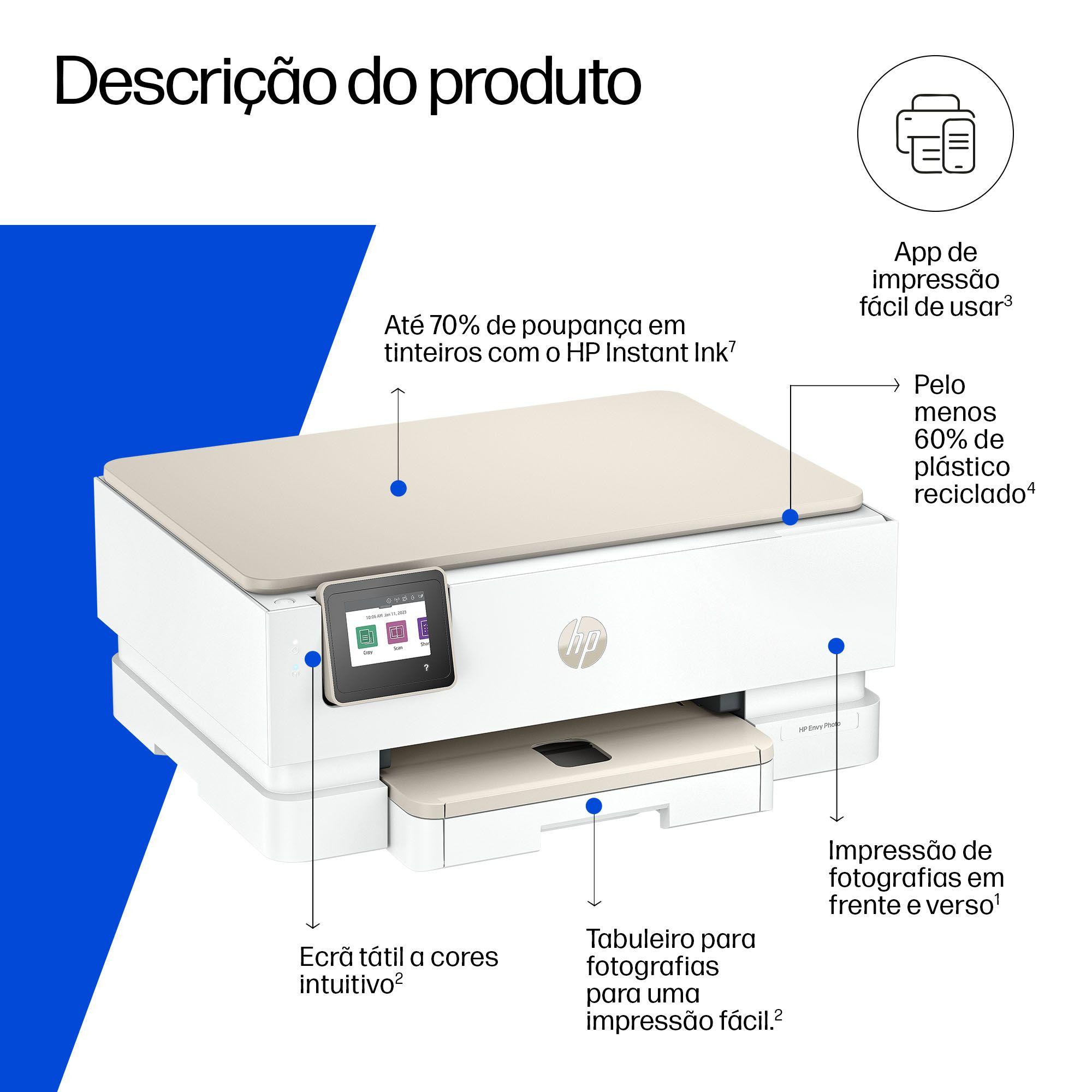 Impressora Multifunções HP ENVY Photo 7230 (A4 - Impressão a cores - 125 folhas - Bege e Branco), miniatura 3