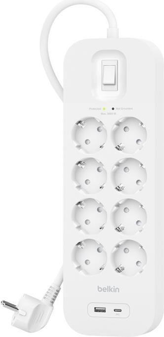 Bloco de Tomadas com Proteção contra Sobretensões BELKIN SRB003VF2M-V2 (1 USB-A, 1 USB-C - Tipo E - Branco)