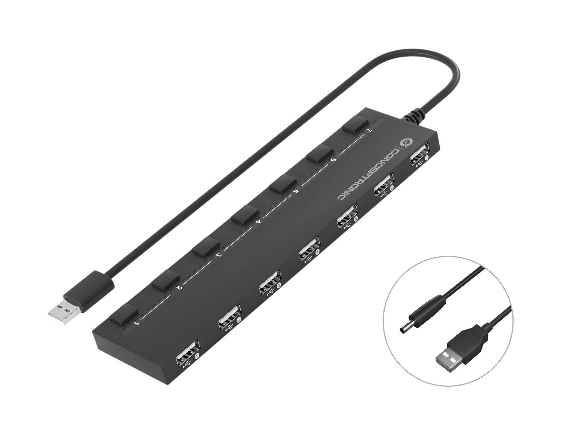 Hub USB 2.0 CONCEPTRONIC HUBBIES08B (0,9 m - Preto)