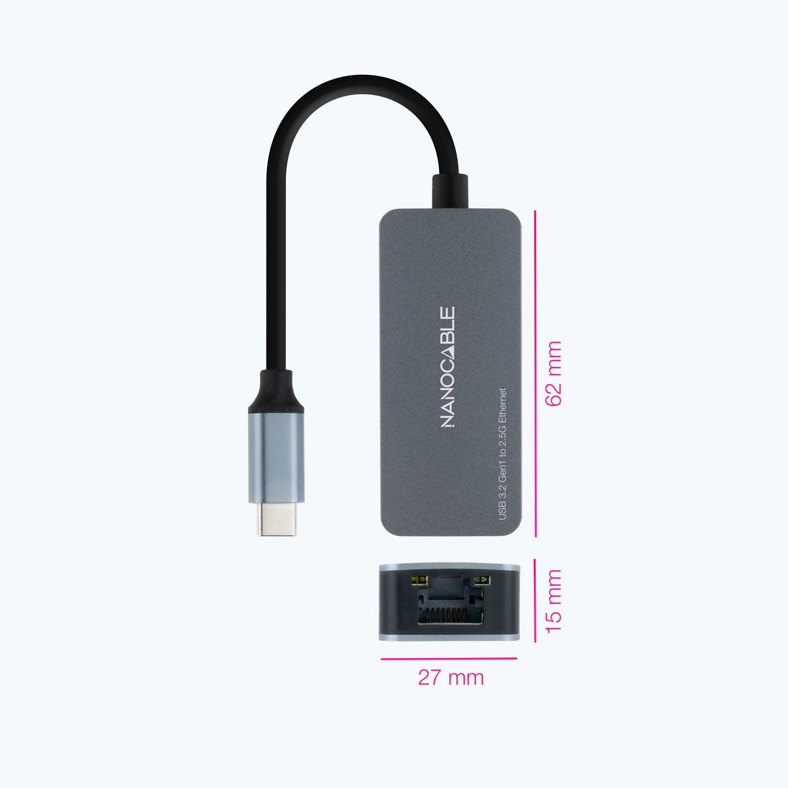 Conversor USB-C para Ethernet NANOCABLE 10.03.0410 (RJ-45 - USB Type-C - 2500 Mbit/s - Cinzento) — miniatura 2