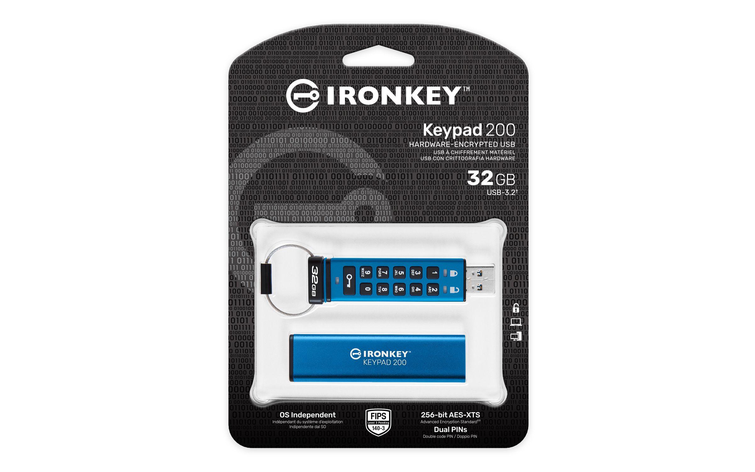 Pen USB KINGSTON IronKey Keypad 200 (32 GB - USB Type-A - 3.2 Gen 1 - Azul) — miniatura 3