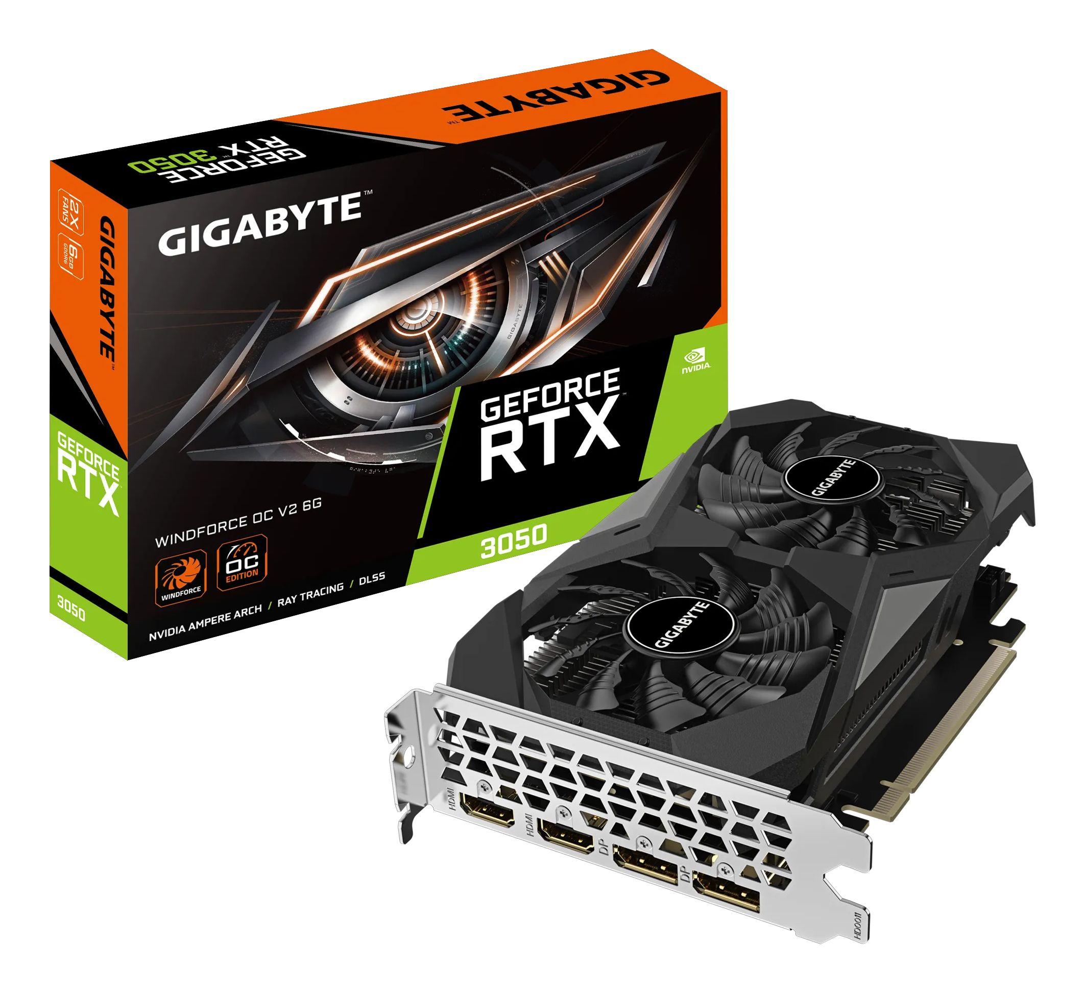 Placa Gráfica GIGABYTE GeForce RTX 3050 WINDFORCE OC V2 6G (GeForce RTX 3050 - 14000 MHz - 6 GB - Preto e Prateado)
