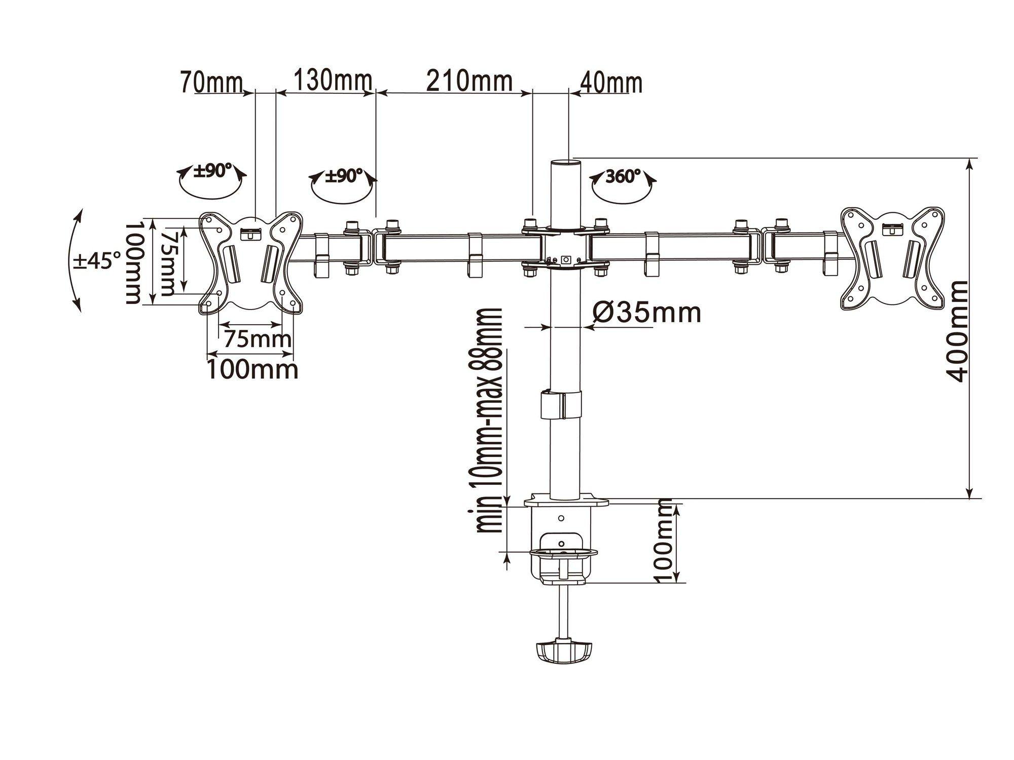 Suporte de Secretária para 2 Ecrãs EQUIP 650152 (100 x 100 mm - 75 x 75 mm - 68,6 cm - Preto), miniatura 3