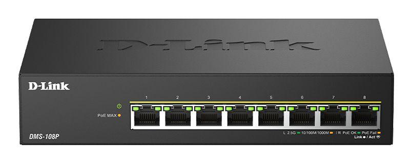 Switch D-LINK DMS-108P/E (2.5G Ethernet - 10, 100, 1000, 2500 Mbit/s - 40 Gbit/s - Preto)
