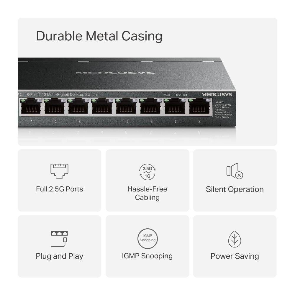 Switch de Rede MERCUSYS MS108GS-M2 (8 Portas - 8x 100/1000/2500 Mbps - 12000 Bytes - 8 Portas 2,5Gbps), miniatura 3