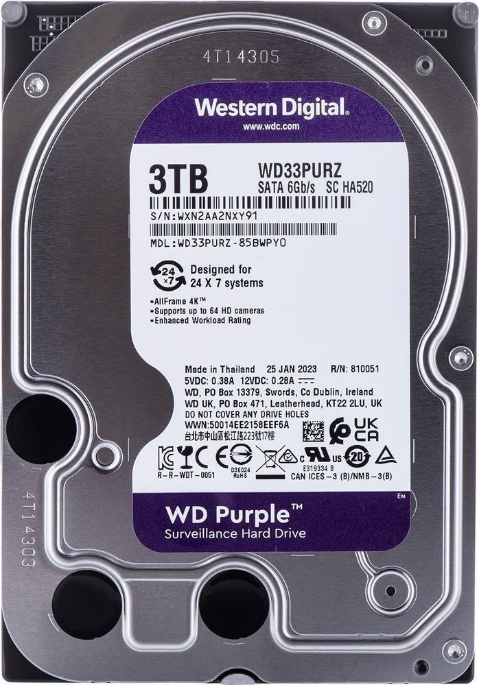 Disco Rígido HDD WESTERN DIGITAL WD33PURZ (3 TB - 3,5" - 5400 RPM - Roxo)