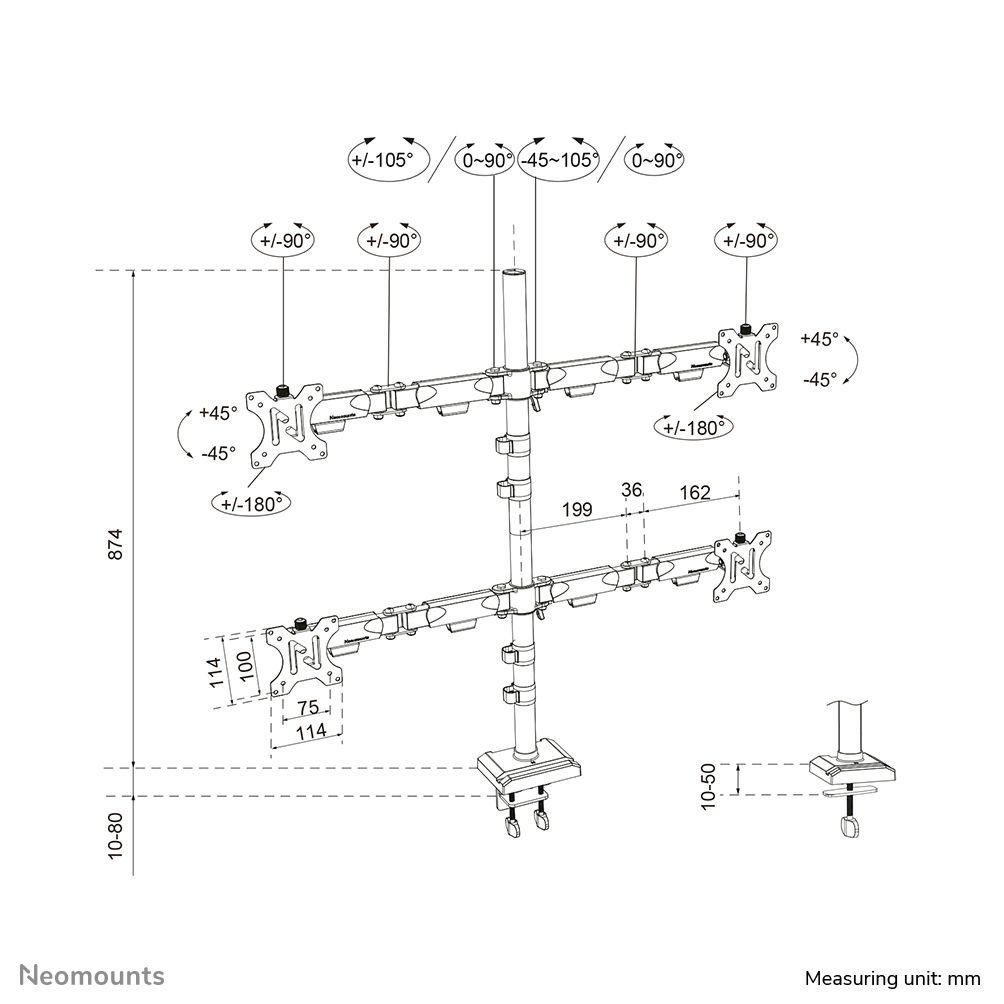 Suporte de Secretária Quadruplo para Monitores NEOMOUNTS DS60-600BL2-2 (10–32" - VESA 75 x 75/100 x 100 mm - Preto), miniatura 16