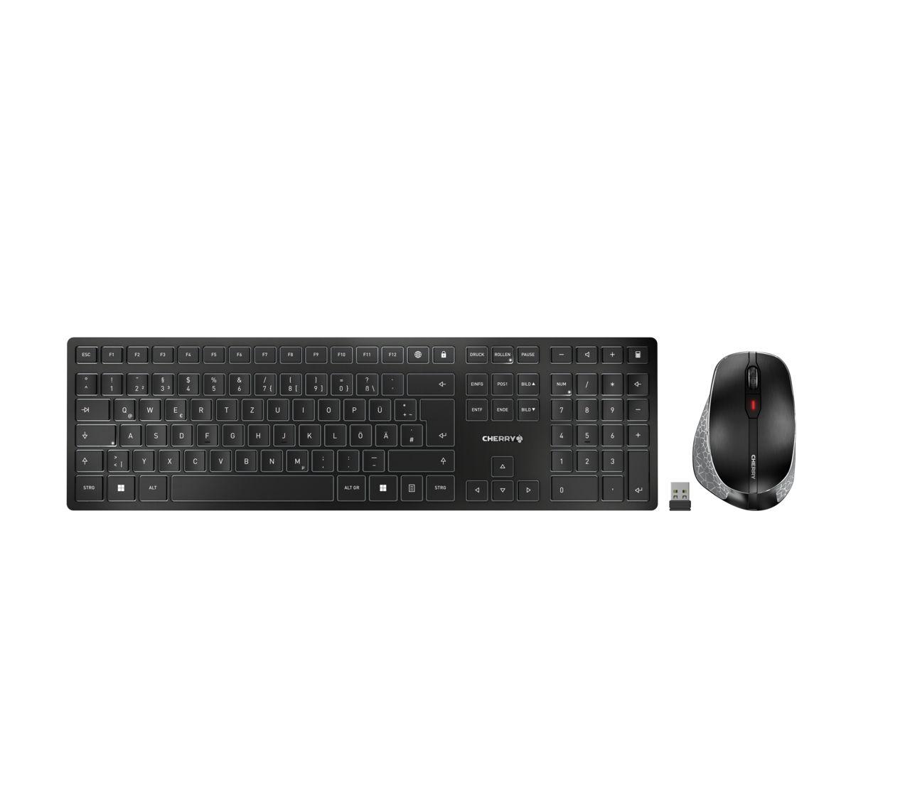 Teclado e Rato CHERRY DW 9500 SLIM (Alemão - Cherry SX - RF Wireless + Bluetooth - Preto e Cinzento)