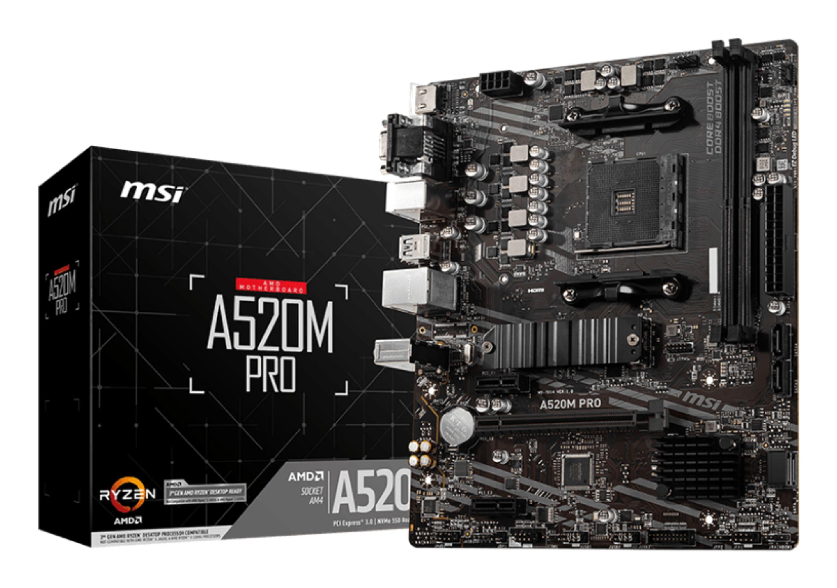 Motherboard MSI A520M PRO (AM4 - AMD Ryzen 3000 Series - micro ATX - Preto)