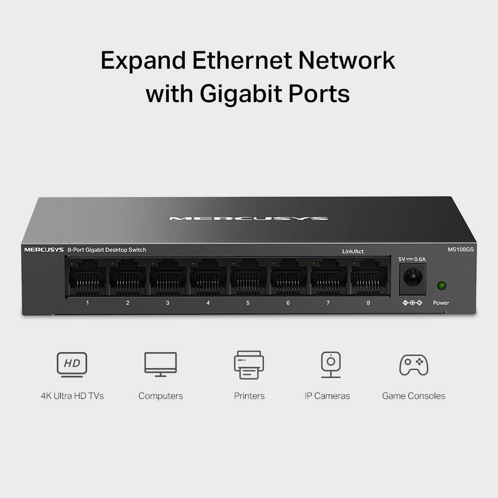 Switch de Rede MERCUSYS MS108GS (Gigabit Ethernet - 0,5 MB - 16 Gbit/s - Preto), miniatura 5