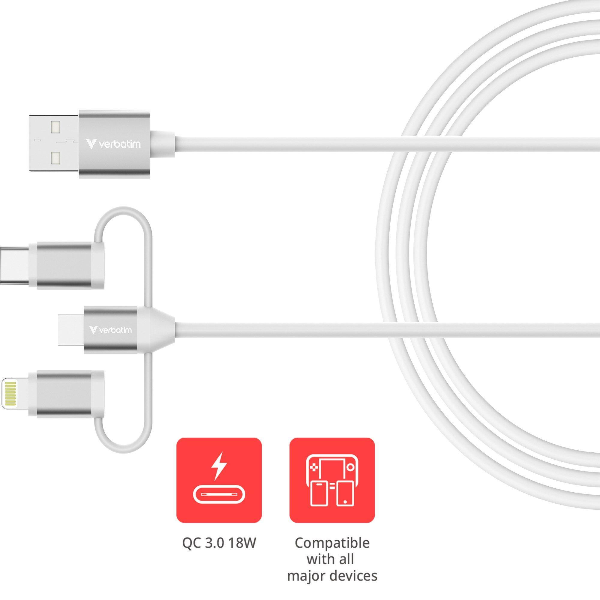 Cabo USB VERBATIM 32394 (1 m - USB-A - USB-C/Micro USB-B/Lightning - Branco), miniatura 2