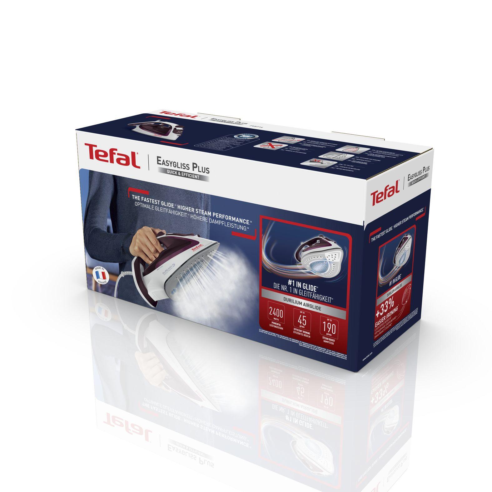 Ferro de Engomar TEFAL Easygliss Plus FV5714 (2400 W - 0,27 l - Base em Durilium - Bordô e Branco), miniatura 4