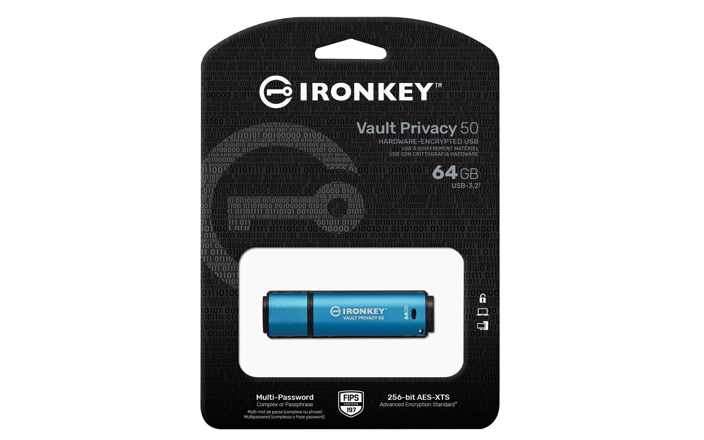 Pen USB KINGSTON IronKey Vault Privacy 50 (64 GB - Tampa - USB Type-A - Preto e Azul) — miniatura 3