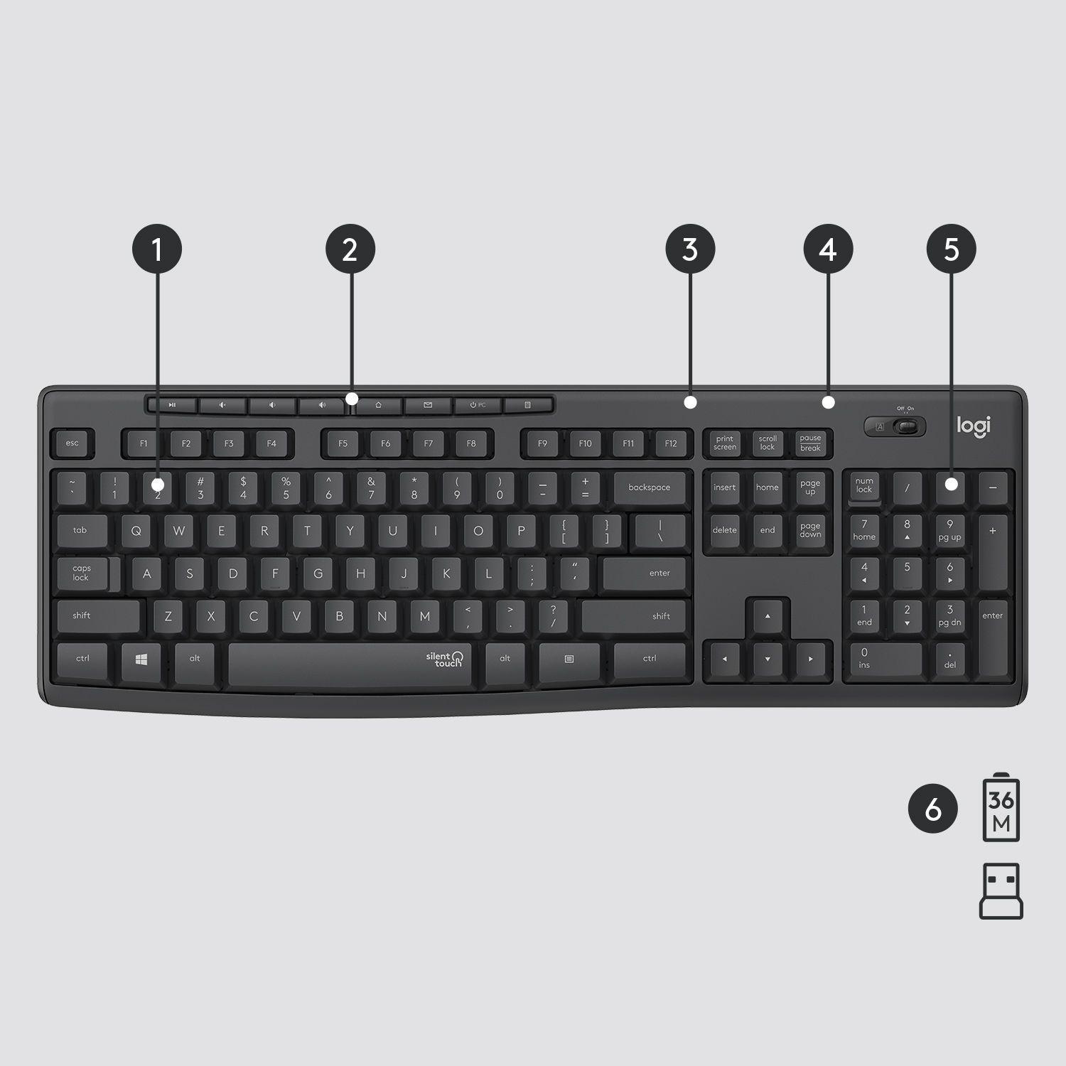 Conjunto Teclado e Rato LOGITECH MK295 Silent (Estados Unidos - Tamanho completo - RF Wireless - Grafite) — miniatura 6
