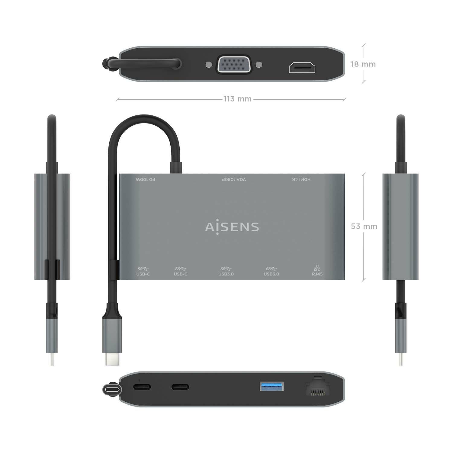Hub USB-C AISENS ASUC-8P010-GR (0,2 m - Cinzento), miniatura 4
