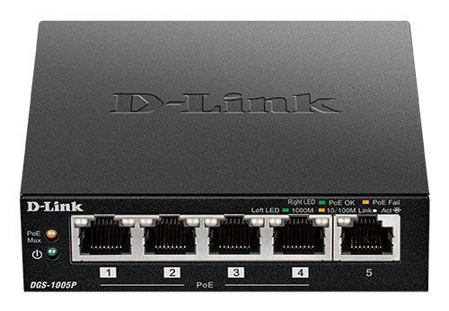 Switch de Rede D-LINK DGS-1005P/E (Gigabit Ethernet - 64 KB - 10 Gbit/s - Preto)