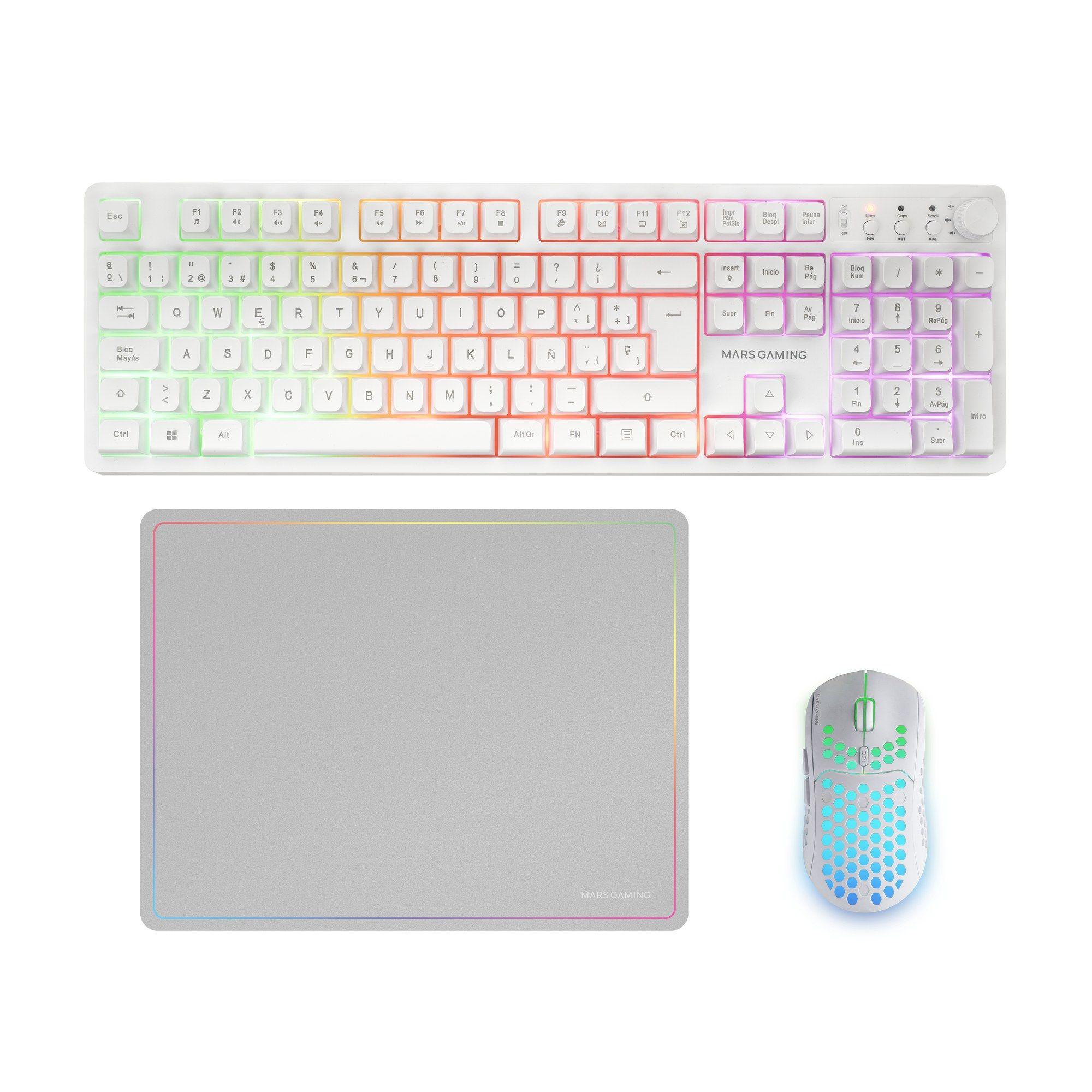 Conjunto Teclado, Rato e Tapete de Rato MARS GAMING MCPWXWES (Espanhol - Interruptor de membrana - Tamanho completo - Branco)