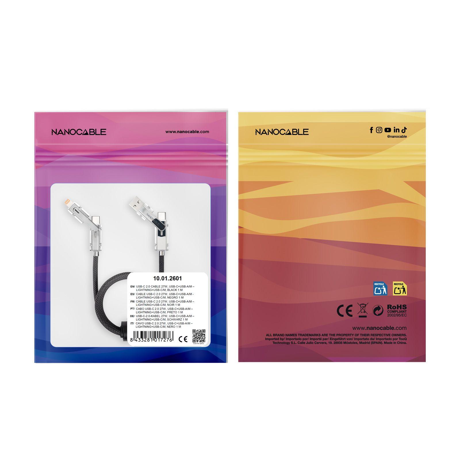 Cabo USB 4 em 1 NANOCABLE 10.01.2601 (1 m - USB C/Lightning - USB A/USB C - Preto e Cinzento) — miniatura 3