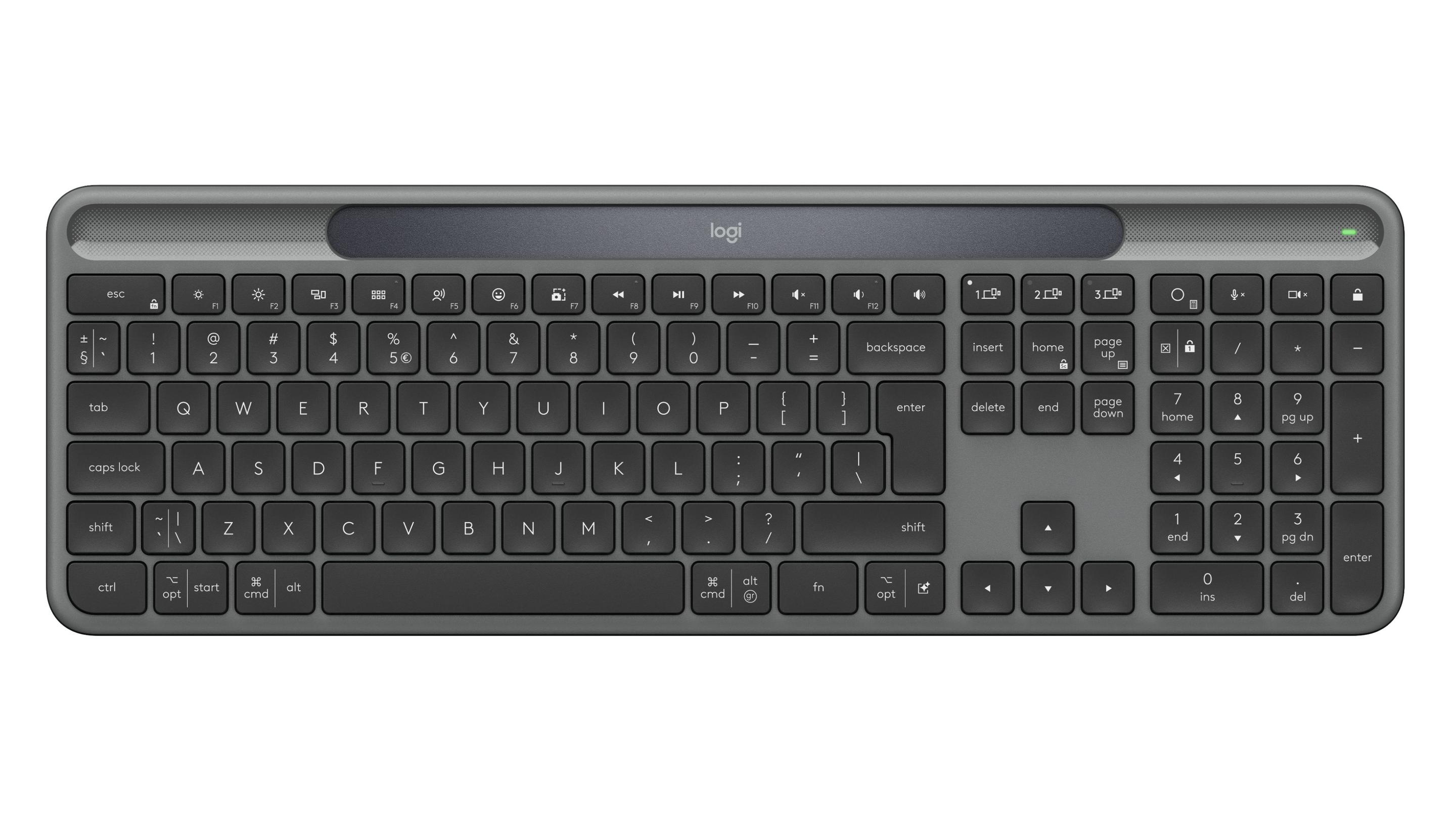 Teclado LOGITECH Signature Slim Solar+ K980 (Reino Unido Internacional - RF Wireless+Bluetooth - Sem fios - Grafite)