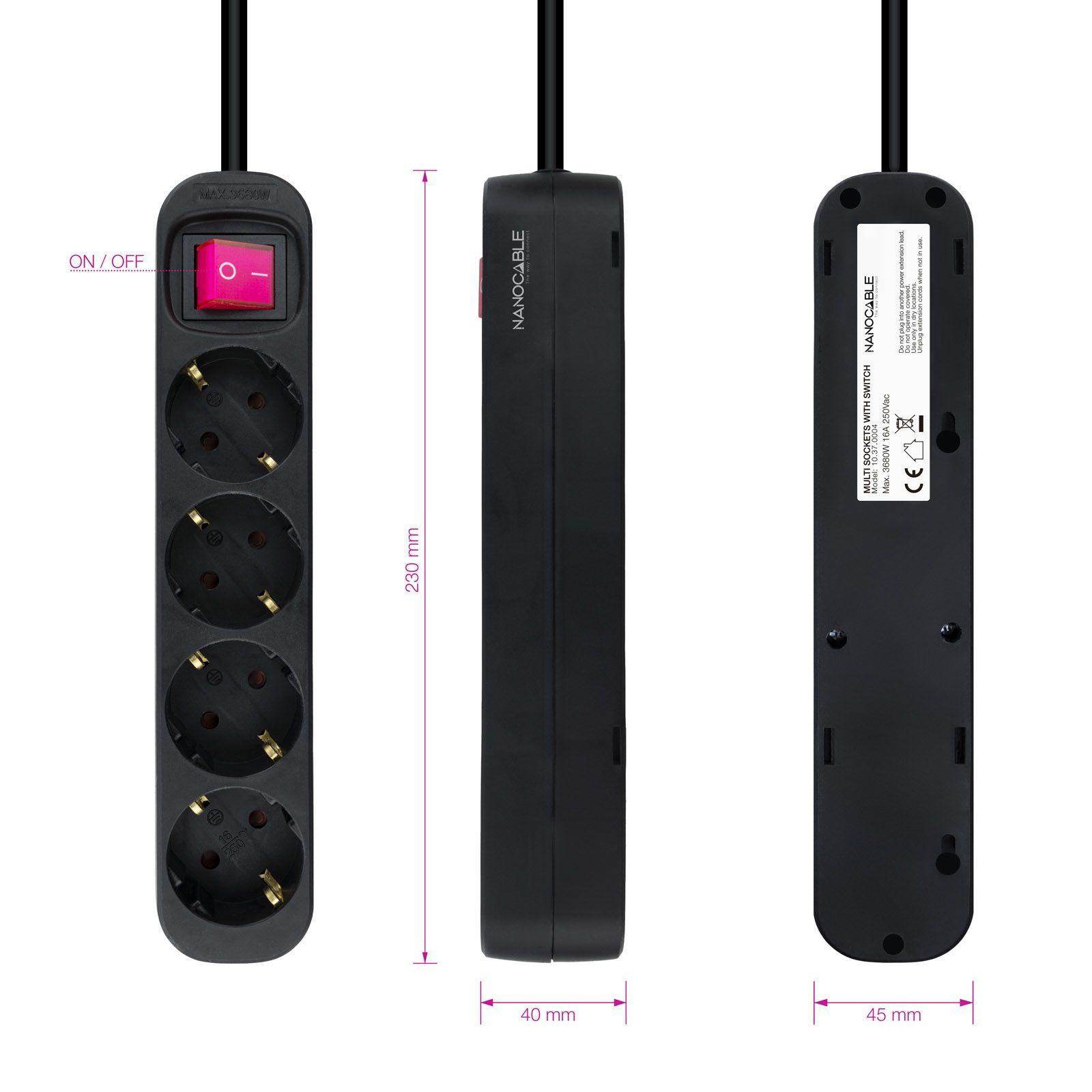 Régua de Tomadas NANOCABLE 10.37.0004-BK (1,4 m - Tipo F - 4x Schuko - Preto) — miniatura 2