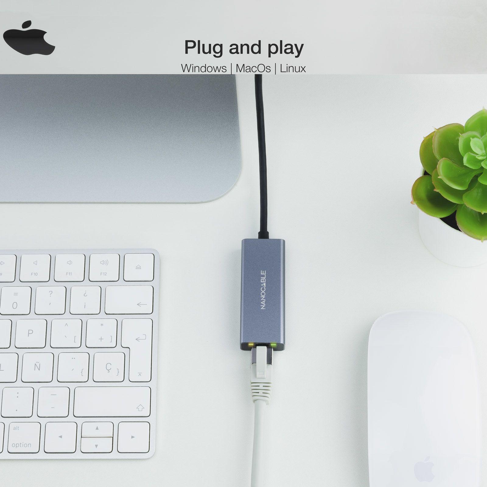 Adaptador USB-C para Ethernet NANOCABLE 10.03.0406 (USB Type-C - 1000 Mbit/s - Cinzento) — miniatura 4