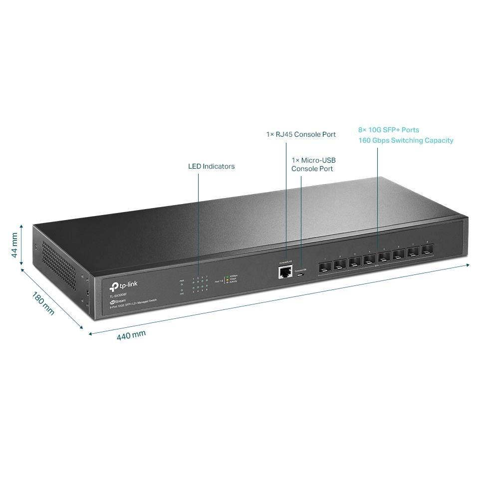 Switch de Rede TP-LINK TL-SX3008F (16 MB - 160 Gbit/s - L2/L3 - Preto) — miniatura 3