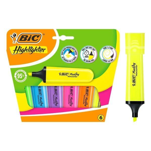 Marcadores Fluorescentes BIC Marking Flat (6 unidades - Ponta Biselada - Traço 1,2–4,6 mm - Cores Sortidas)