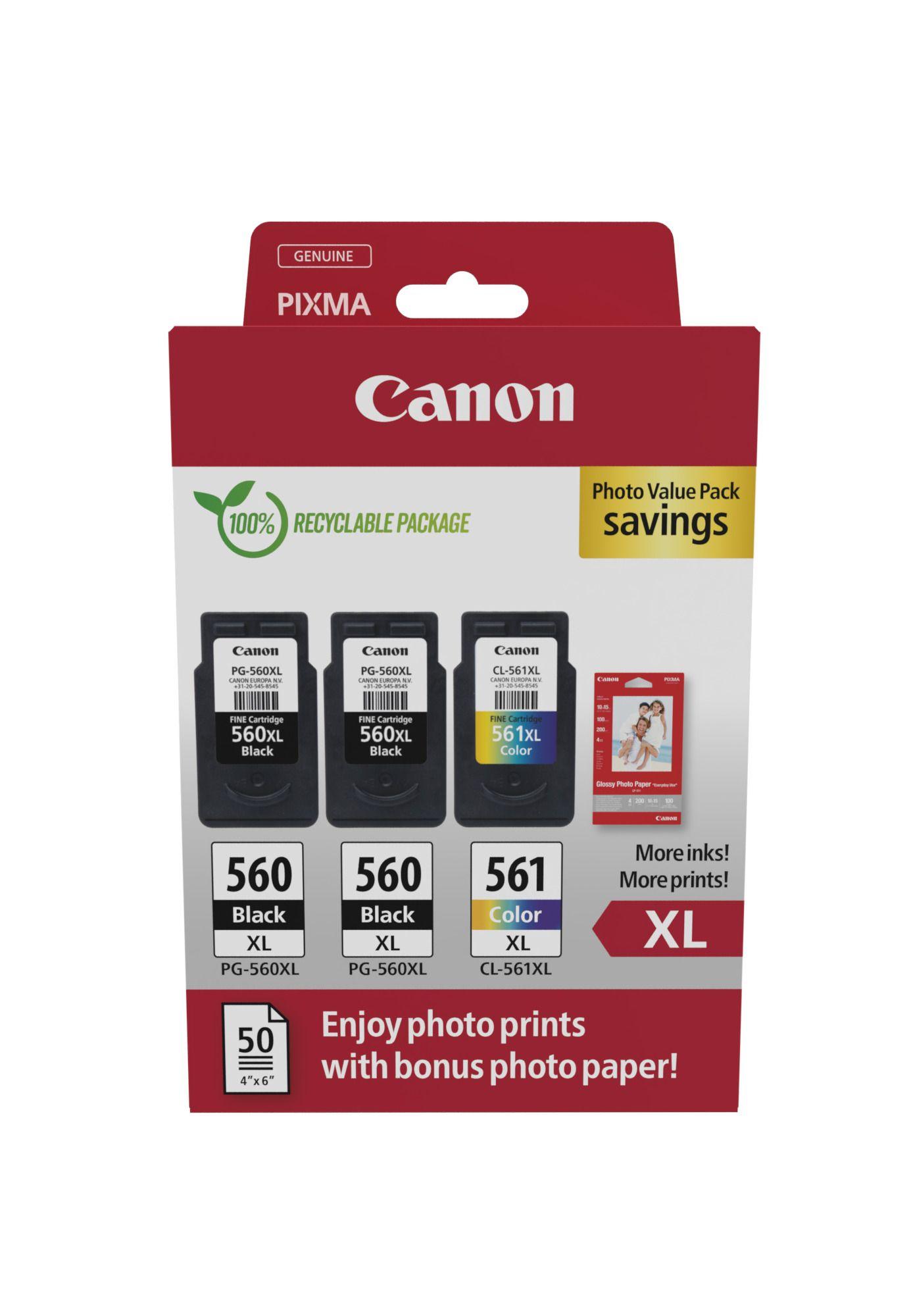 Pack de Tinteiros CANON PG-560XL x2 + CL-561XL + GP-501 (50 folhas 10x15 - Preto, Ciano, Magenta e Amarelo)
