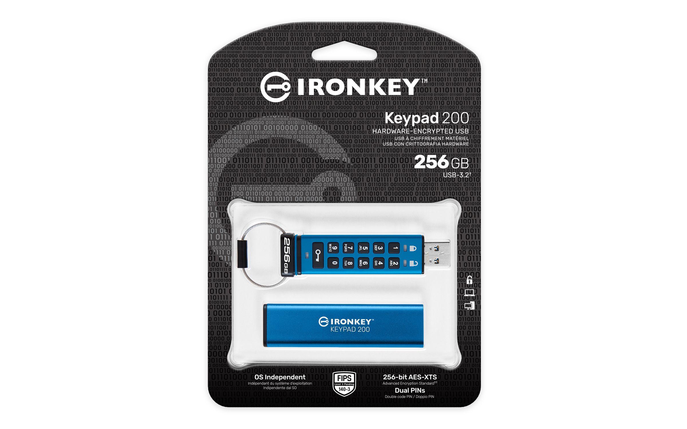 Pen USB KINGSTON IronKey Keypad 200 (256 GB - Manga - USB Type-A - Azul) — miniatura 3