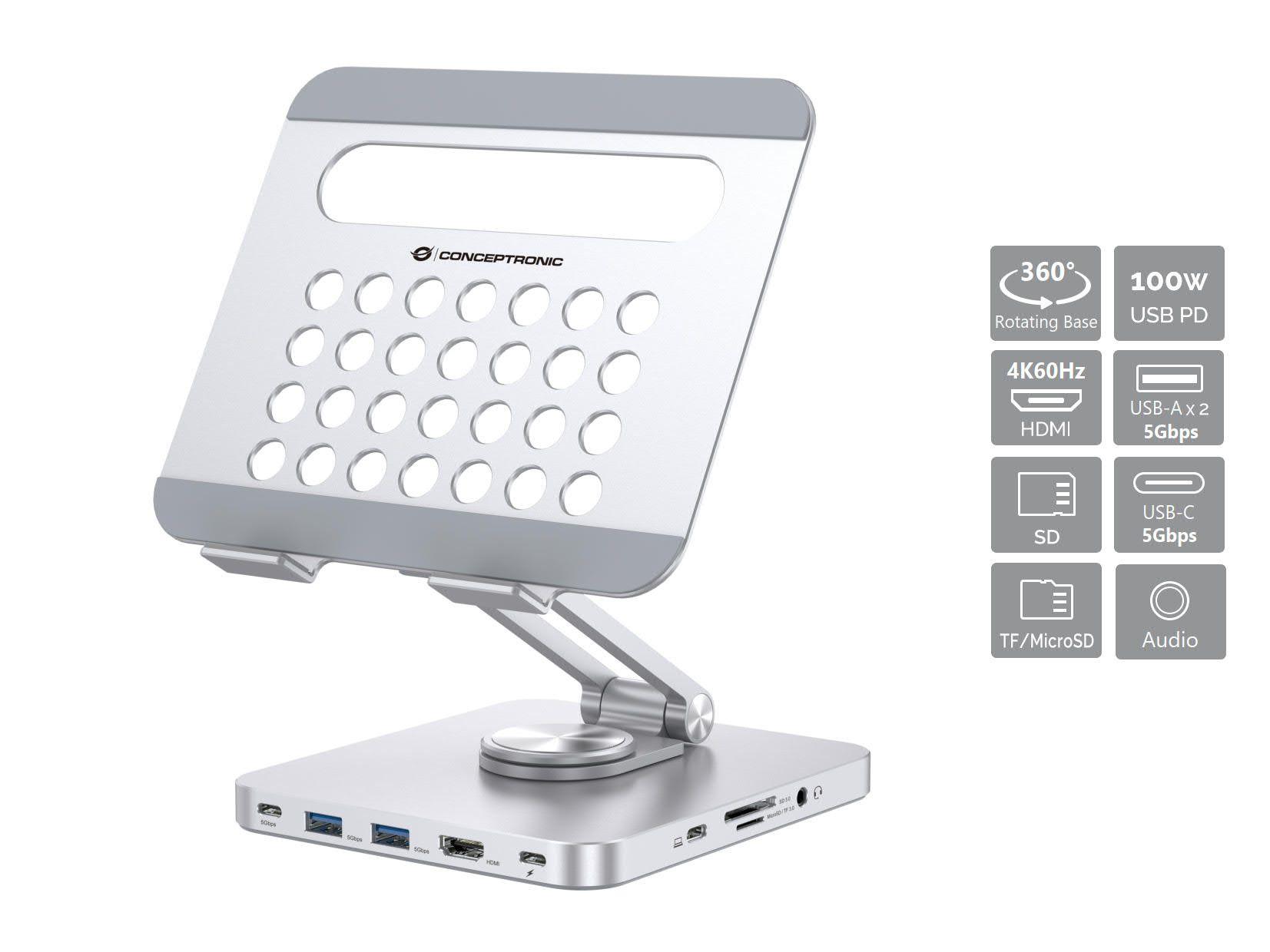 Docking Station CONCEPTRONIC DONN26G (Até 100 W - USB 3.2 Gen 1 - Prateado)