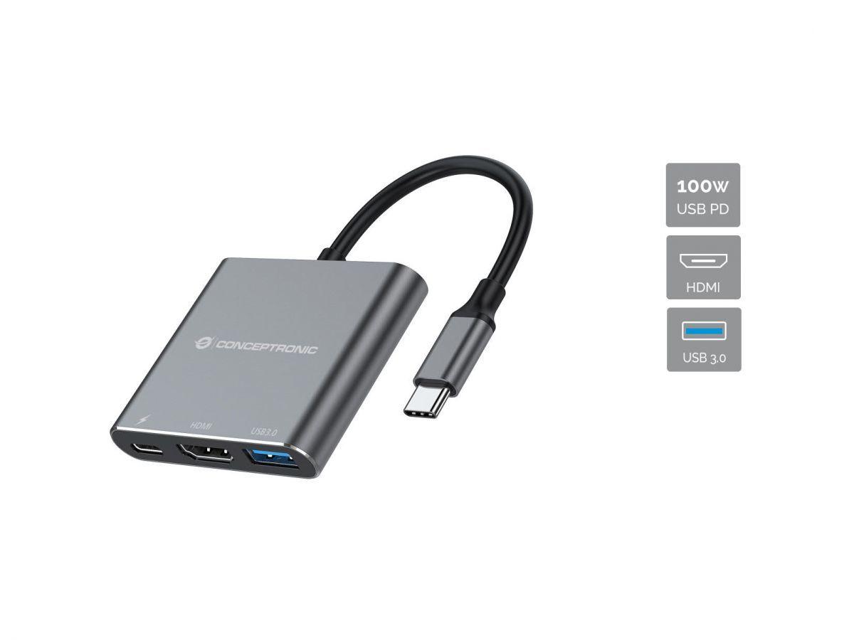 Hub USB-C Multiporta CONCEPTRONIC DONN18G (0,25 m - Windows, macOS e ChromeOS - Cinzento)
