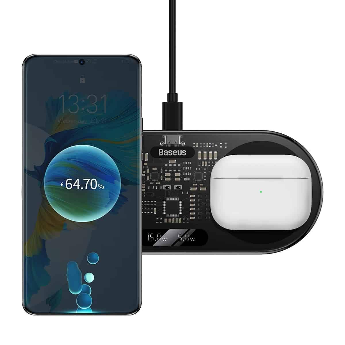 Carregador Sem Fios Duplo BASEUS WXSX010101 (20 W - Smartphone, Auscultadores - Android, iOS - Preto), miniatura 5