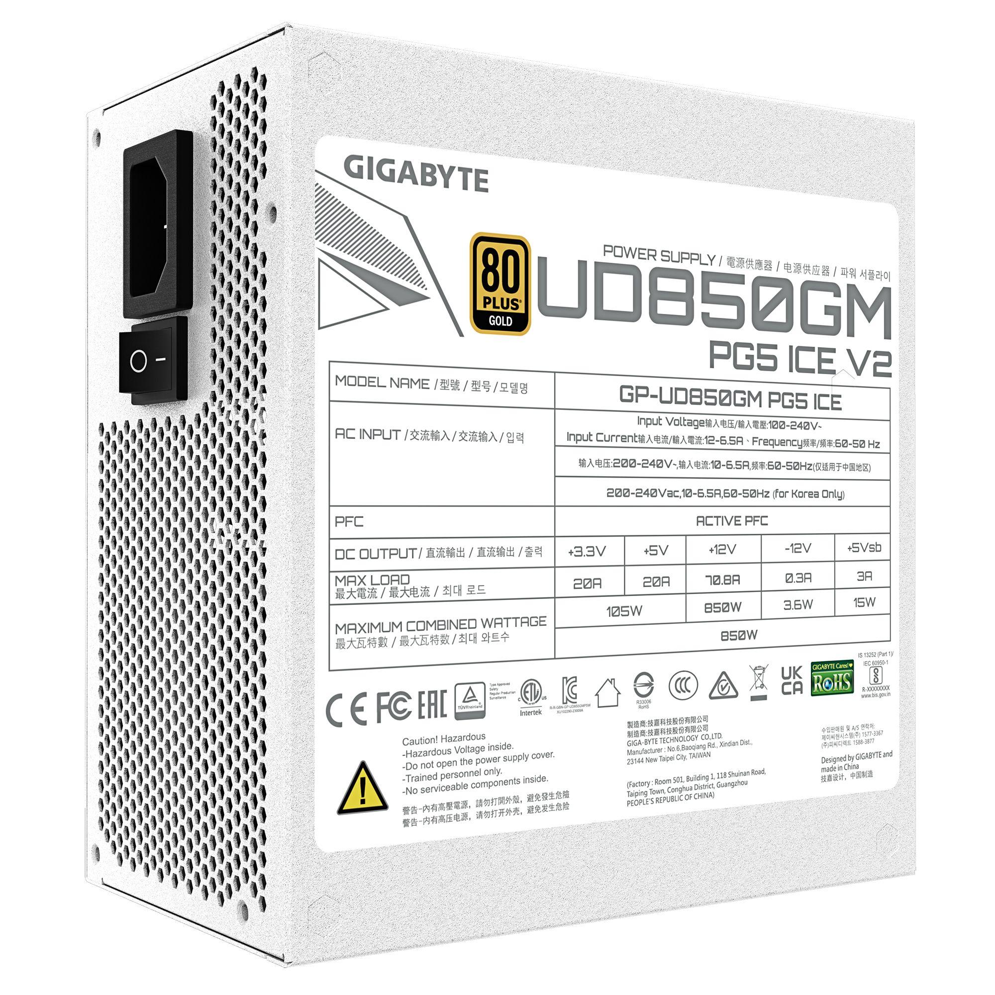 Fonte de Alimentação ATX GIGABYTE GP-UD850GM PG5 ICE EU (ATX - 850 W - 80 PLUS Gold - Branco), miniatura 6