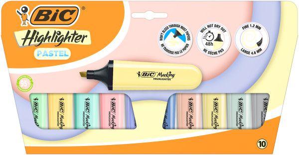 Marcadores Fluorescentes BIC Marking Flat Pastel (Pack de 10 - Ponta Biselada - Traço de 1,2 a 4,6 mm - Multicor)