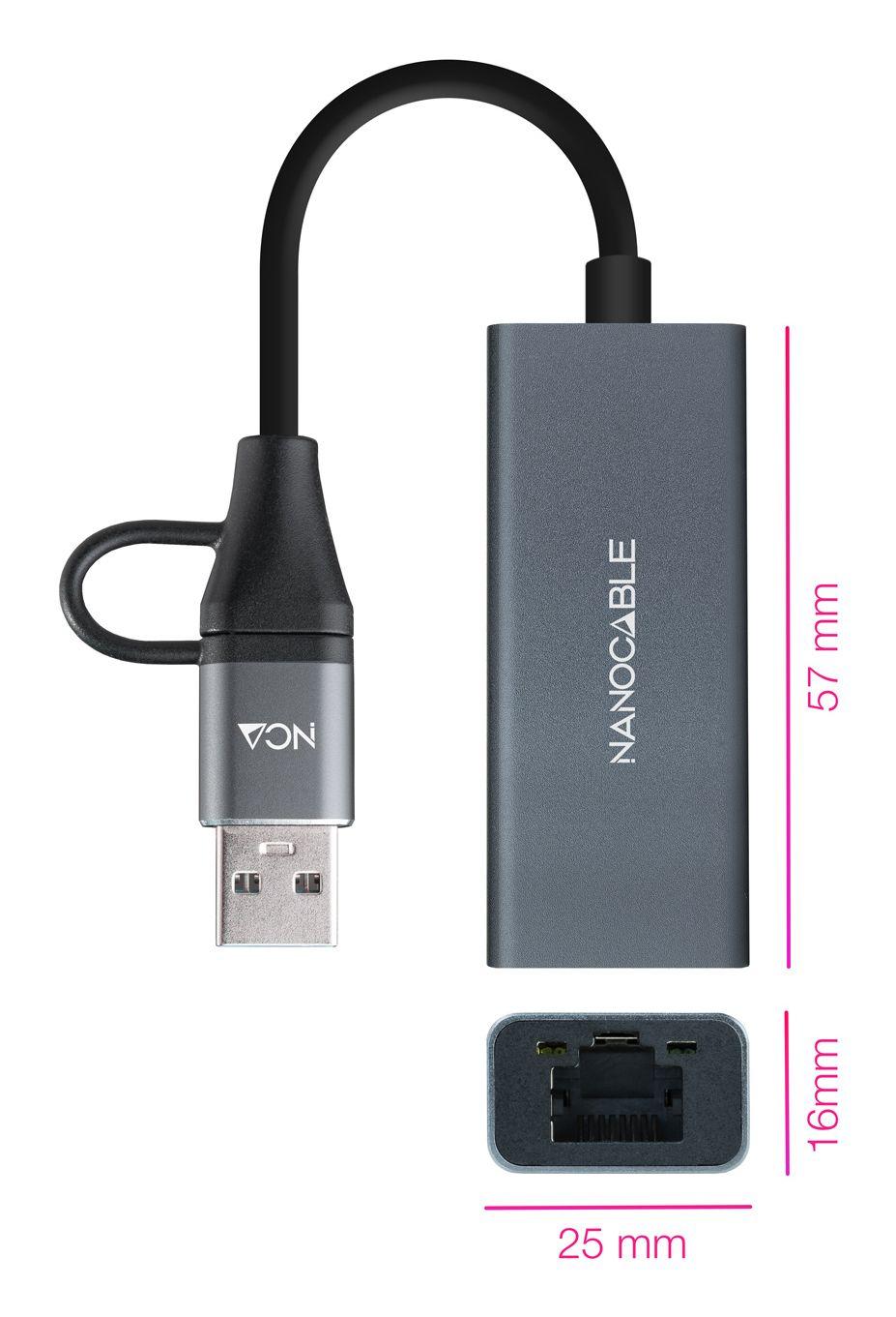 Adaptador de Rede USB-C + USB-A NANOCABLE 10.03.0411 (Gigabit Ethernet - 15 cm - Cinzento) — miniatura 2