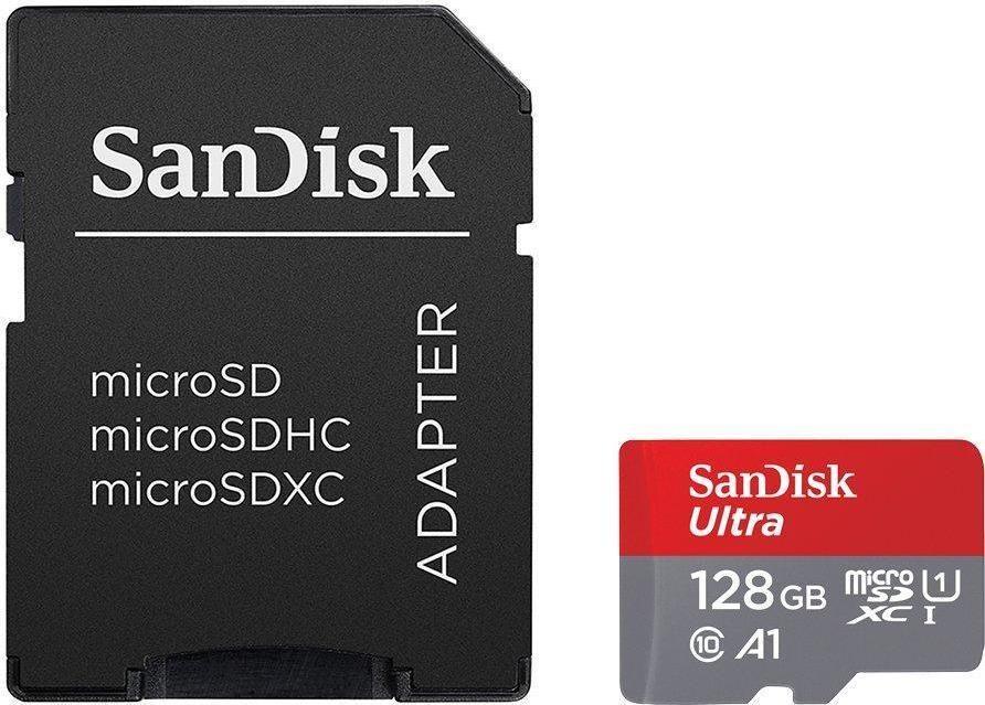 Cartão de Memória SANDISK Ultra (128GB - Classe 10 - Até 100 MB/s - Cinzento e Vermelho)