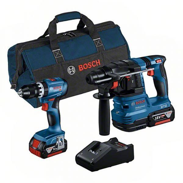 Conjunto de Berbequim Aparafusador com Percussão e Martelo Perfurador BOSCH GSB 18V-45 + GBH 18V-22 (Azul e Preto)