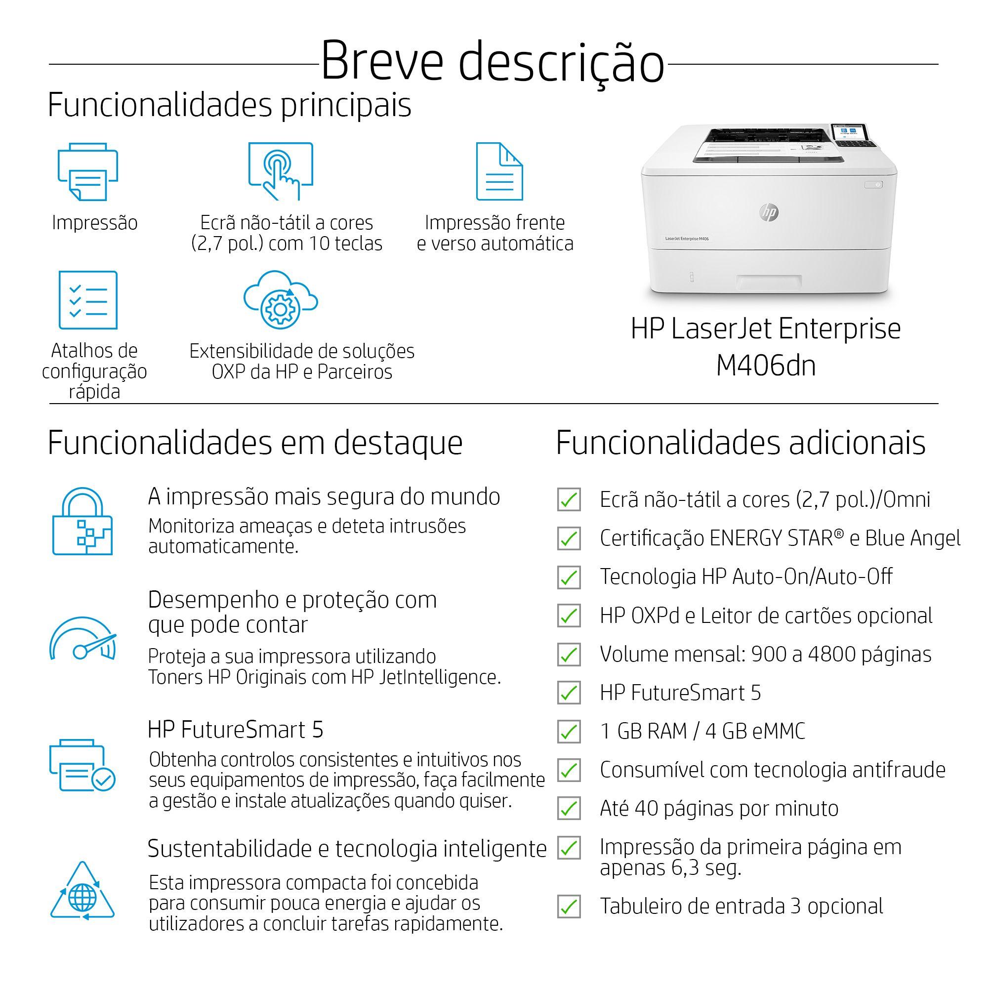 Impressora Laser HP LaserJet Enterprise M406dn (A4 - Impressão a preto e branco - 350 folhas - Branco) — miniatura 8