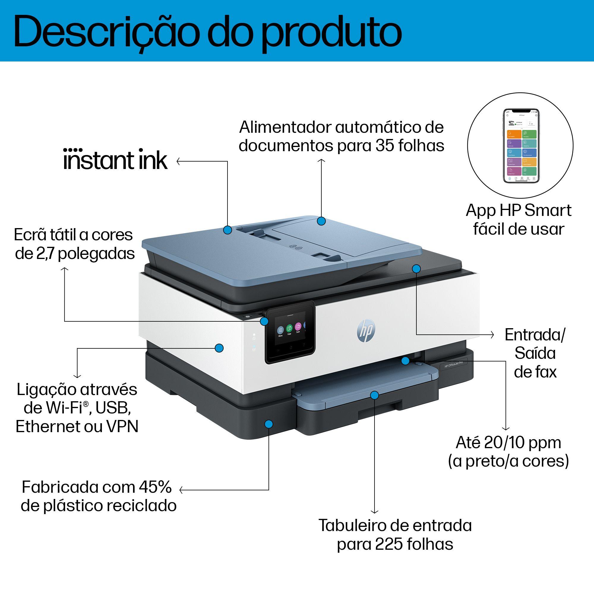 Impressora Multifunções Jato de Tinta HP OfficeJet Pro 8125e (A4 - Impressão a cores - 225 folhas - Azul) — miniatura 4