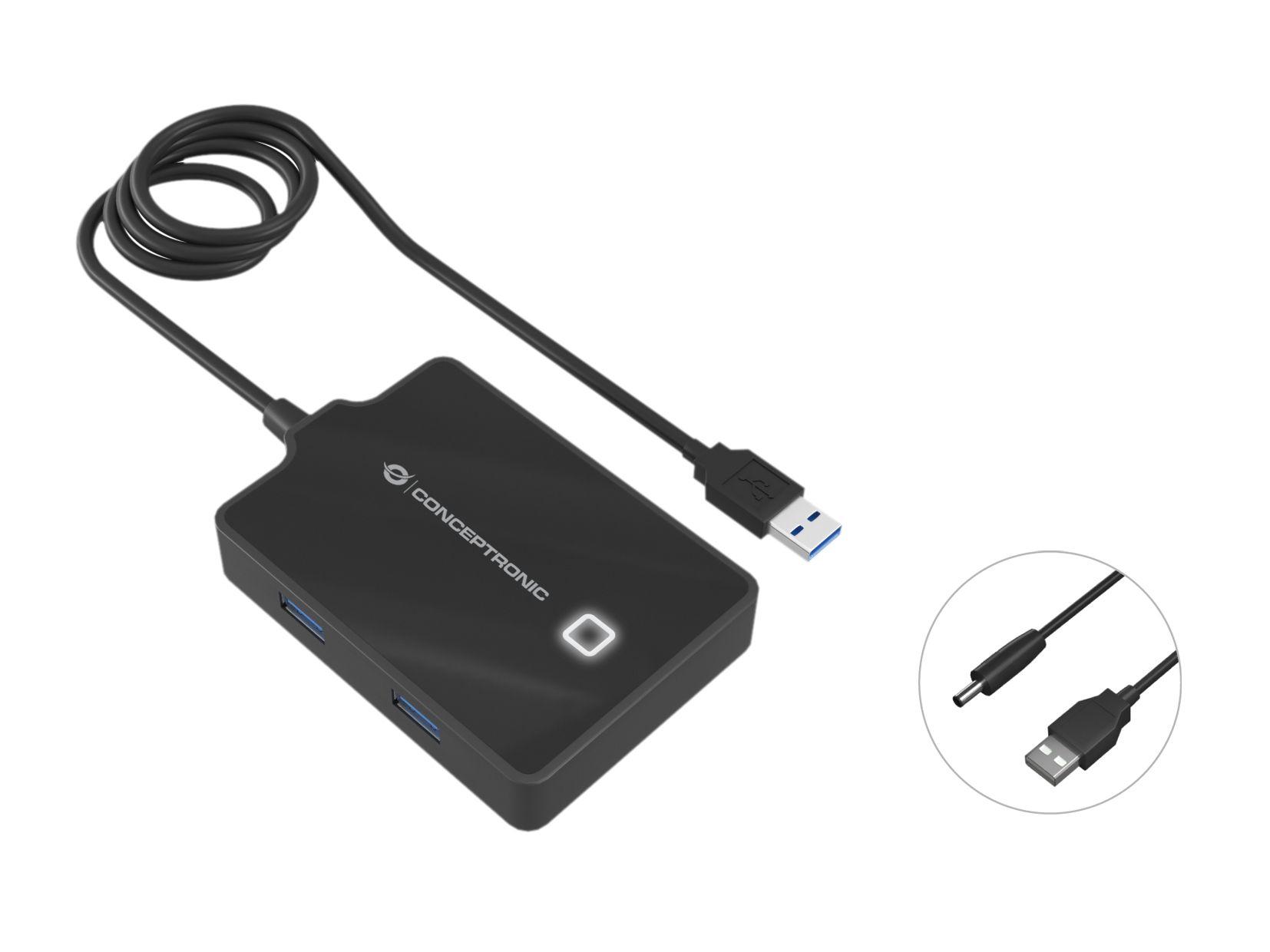 Hub USB 3.0 CONCEPTRONIC HUBBIES11B (0,9 m - USB-A macho - DC, conector de 3,5 × 1,35 mm - Preto)