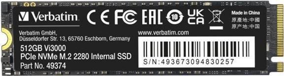 SSD VERBATIM Vi3000 512GB (512 GB - M.2 - PCIe 3.0 NVMe - Preto)