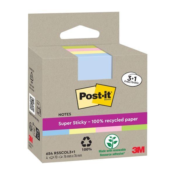 Notas Adesivas POST-IT Super Sticky 654 RSSCOL 3+1F (Papel 100% reciclado - Cores sortidas)