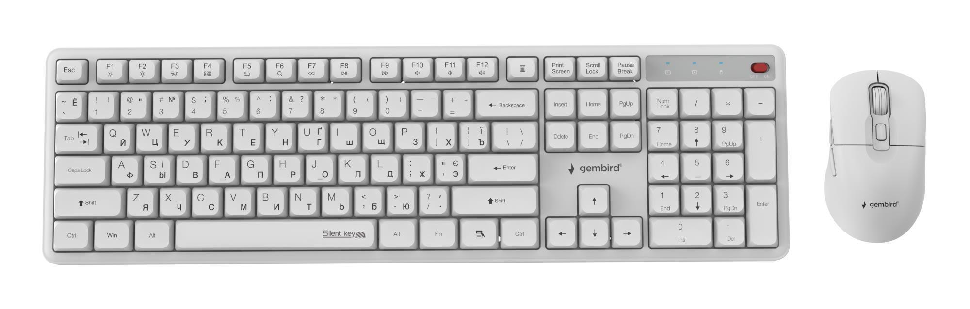 Teclado e Rato GEMBIRD KBS-WMS-01-W-CYRL (Tamanho completo - RF sem fios - Sem fios - Branco)