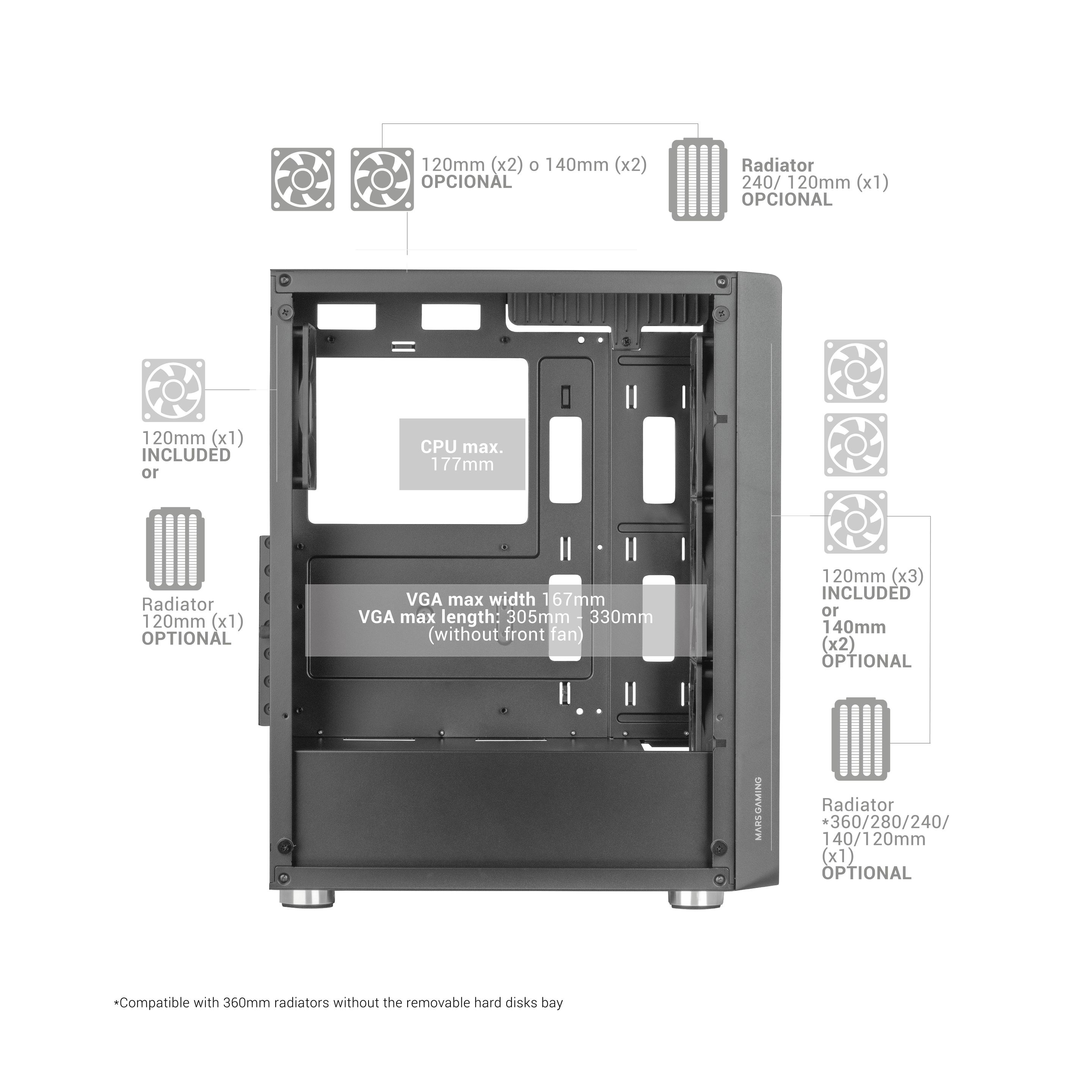 Caixa PC MARS GAMING MC-3000 (ATX, micro ATX, Mini-ITX - 2.5" - 17,7 cm - Preto) — miniatura 6