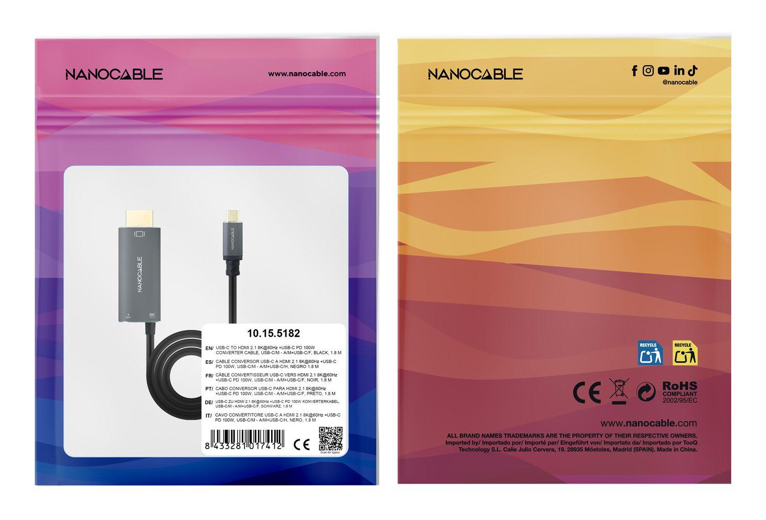 Cabo Conversor NANOCABLE 10.15.5182 (1,8 m - HDMI + USB Type-C - USB Type-C - Preto) — miniatura 4