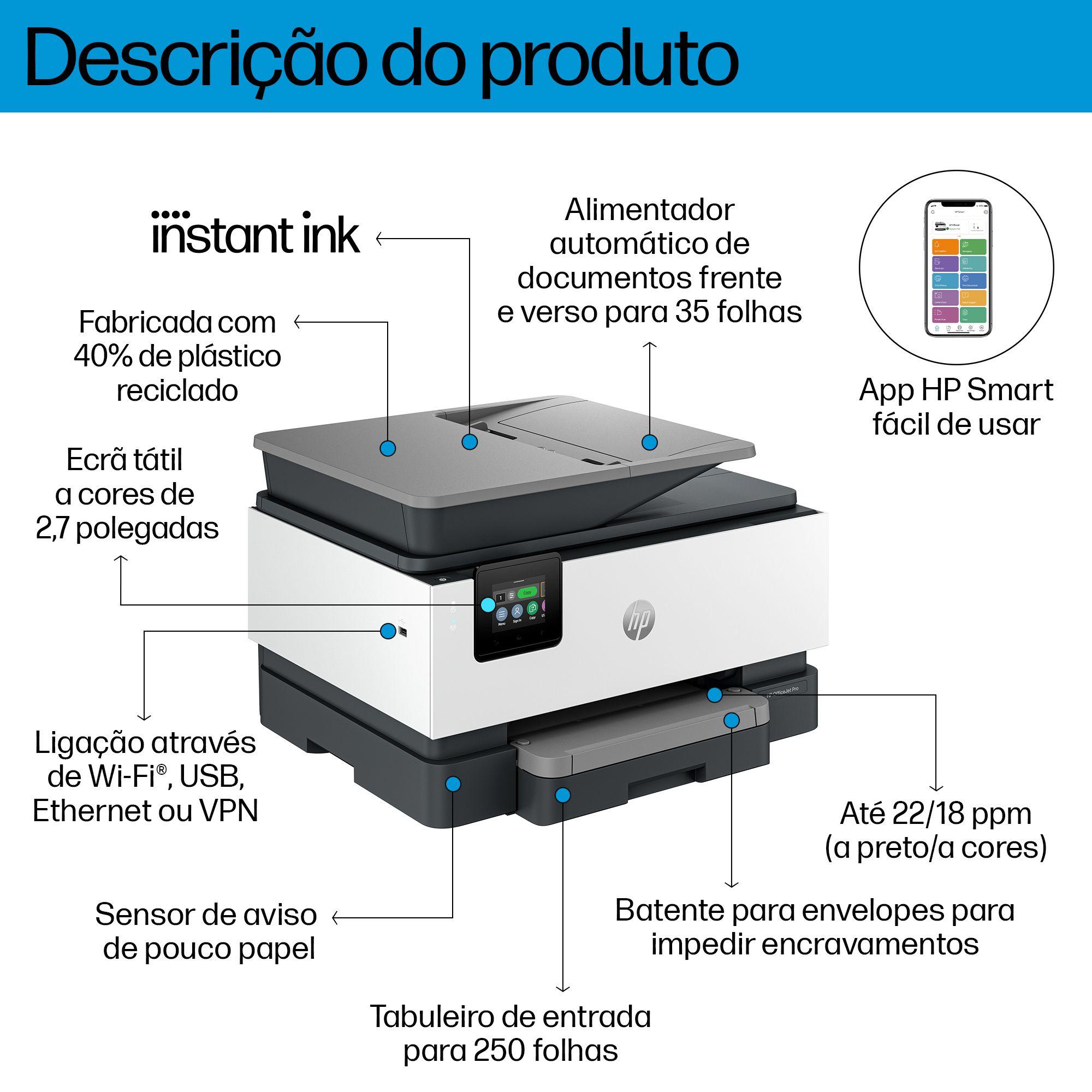 Impressora Multifunções HP OfficeJet Pro 9120e (A4 - Impressão a cores - 250 folhas - Cinzento), miniatura 4